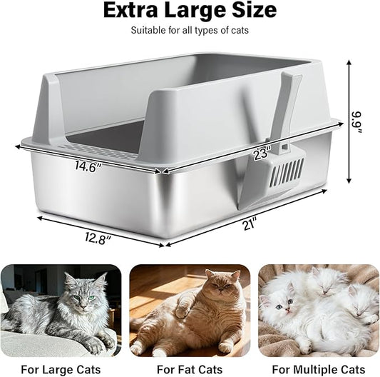 Stainless Steel Cat Litter Box with Lid, Large Metal Litter Box Stainless Steel with Mat & Scoop, Odor-Free/Anti-Leakage & Non-Stick/Easy Clean, High-Sided Litter Box for Multiple Big Cats(XL/Grey)