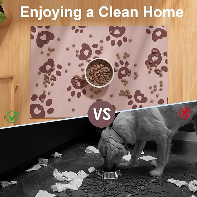 BLESWIN Pet Feeding Mat 12"x20", Absorbent Pet Food Mat, Dog Food Mat Small, Rubber Dog Mats are Non-Slip and Waterproof to Protect Floors, Mat for Cat Food and Water Bowls, Cat Feeding Mat, Pink