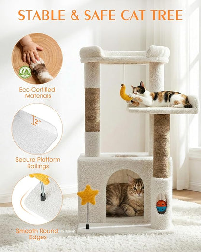 32In Cute Cat Tower for Indoor Cats with Cat Condo, Plush Platform, Hammock, Sisal Scratching Posts, Dangling Ball, Tall Cat Tree Tower with Self-Grooming Brush (Beige)