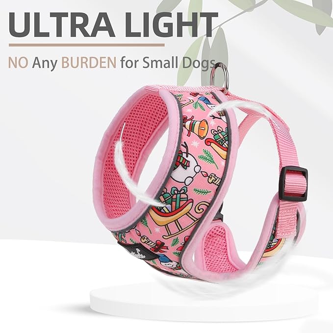 PUPTECK Soft Mesh Christmas Dog Harness and Leash Set Pet Puppy Cat Comfort Padded Vest No Pull Harnesses, Bright Pink, M