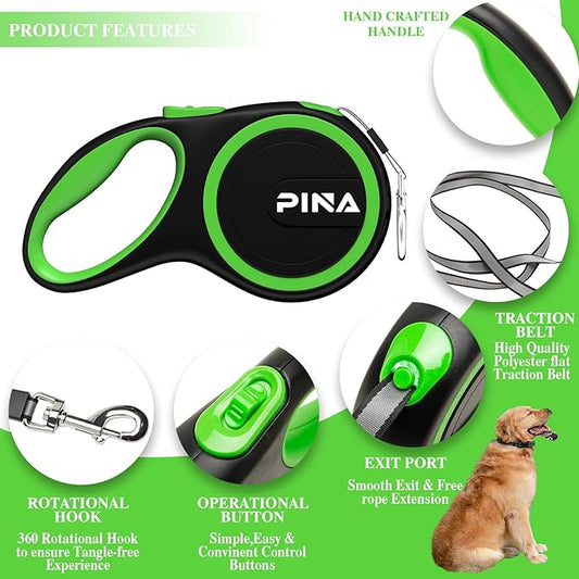 PINA Retractable Dog Leash, 26ft Dog Leash for Small Medium Large Dogs Up to 110lbs, 360° Tangle-Free Strong Reflective Nylon Tape, with Anti-Slip Handle, One-Handed Brake, Lock - Black Green