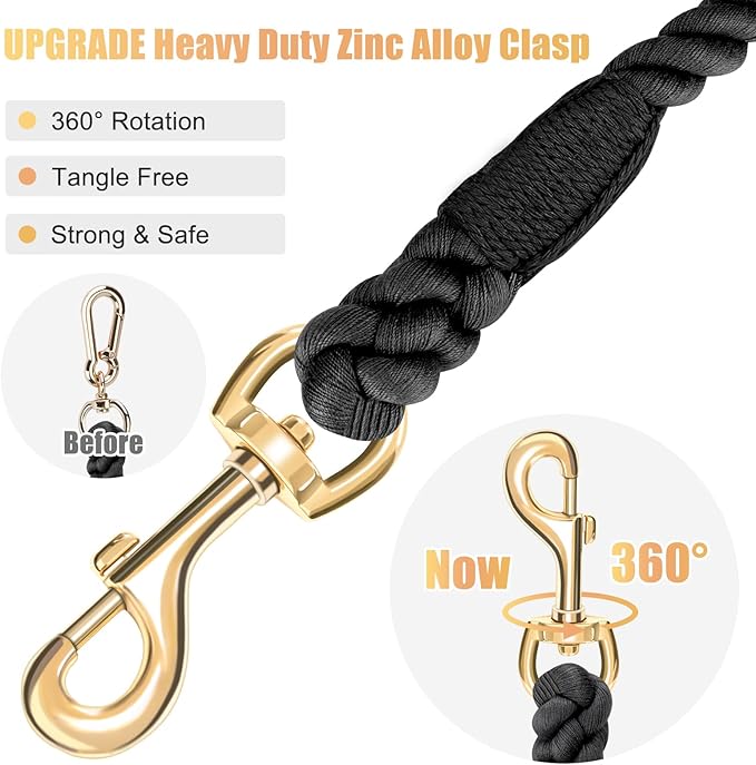 Dog Leash 6 FT Handmade Braided Cotton Rope Leashes for Small Medium and Large Dogs, New Golden Heavy Duty Metal Clasp, Black