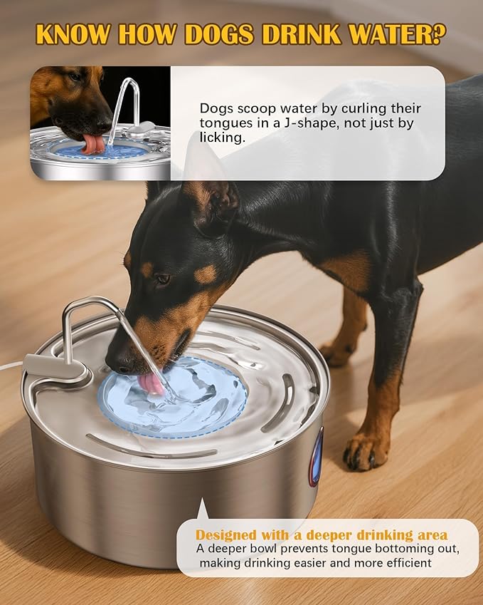 Stainless Steel Dog Water Fountain – 8L/270oz Automatic Waterer with Quiet Pump for Medium/Large Dogs, Cats & Multi-Pet Homes, Visible Water Window & Easy to Clean