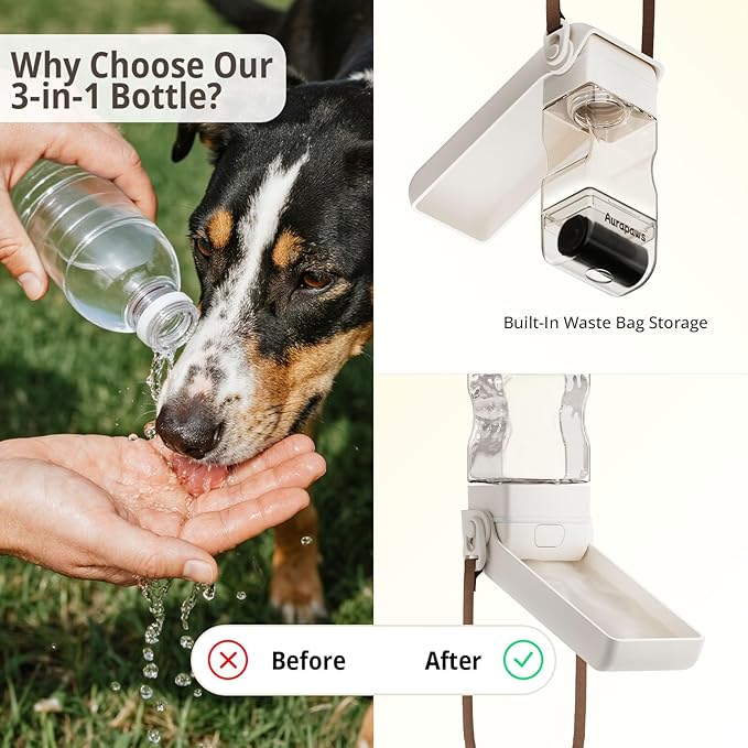 Dog Water Bottle, Portable Leakproof Water Bowl for Dogs, Foldable Dog Water Dispenser with Poop Bag Dispenser for Puppy Outdoor Walking, Hiking, Travel, 10.15oz