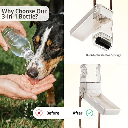 Dog Water Bottle, Portable Leakproof Water Bowl for Dogs, Foldable Dog Water Dispenser with Poop Bag Dispenser for Puppy Outdoor Walking, Hiking, Travel, 10.15oz