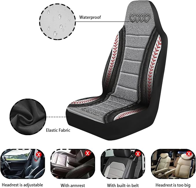 Love Heart Car Seat Covers Baseball Print Universal Bucket Seat Cover Waterproof Anti-Slip Automotive Accessories Suitable for Cars, SUV and Trucks