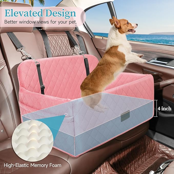 HEGGCOOE Dog Car Seat for Medium/Large Dogs, Pet Booster Seat for Under 55 lbs or 2 Small Dogs, Detachable & Washable Dog Car Bed for Backseat with 2 Safety Leashes (Pink)