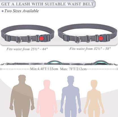 VIVAGLORY Hands Free Dog Leash Bungeetwin Running Dog Leash with Waist Belt for Running Walking & Jogging, Bungee & Around Waist for Pet, S, Grey/Turquoise