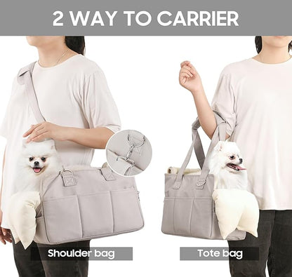 Dog Purse Carrier for Small Dogs & Puppies Up 12 Lbs, Soft Cotton Tote Pet Shoulder Bag with Pockets, Foldable & Washable Breathable Puppy Carrier for Yorkie, Chihuahua & Cats - Gray