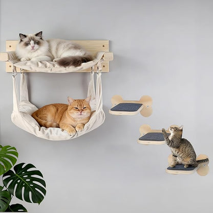 Wall Mounted Cat Double Hammock & 3 Steps, Pine Climbing Shelf & Perch Set, Multi-Function Wall-Mounted Cat Furniture for Sleep Play Climb, Easy DIY Installation
