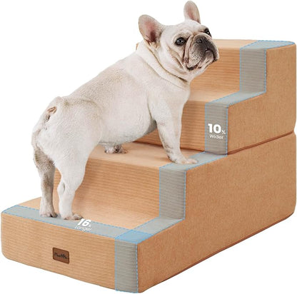 Made4Pets Dog Steps for Bed, Extra Wide Dog Stairs for High Bed Couch Sofa, 35D Foam Pet Steps for Small Dogs and Cats(Up to 40lbs), Non-Slip Bottom Pet Stairs, Tan, 4 Steps