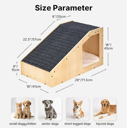 Veehoo Small Dog Ramp for Bed Couch, Wooden Ramps for Dogs to Get on Bed Couch with Cat Cave Condo Non Slip Surface and Bottom Pad, 16" Wide Doggy Stairs Puppy Steps Small Pet Ramp Ladder for Indoor