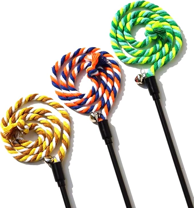 IUHKBH Cat Wands, 3 PCS Colorful Cat String Kitty Teaser Wands with Bell Interactive Kitten Toys for All Breed Sizes