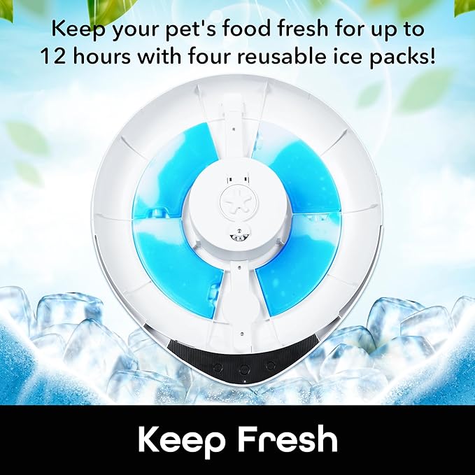 Geeni Smart Pet Feeder for Wet or Dry Food, 5-Meal Automatic Dog and Cat Feeder with Ice Packs, Programmable Timer, Battery Backup, Alexa and Google Home Compatible, White