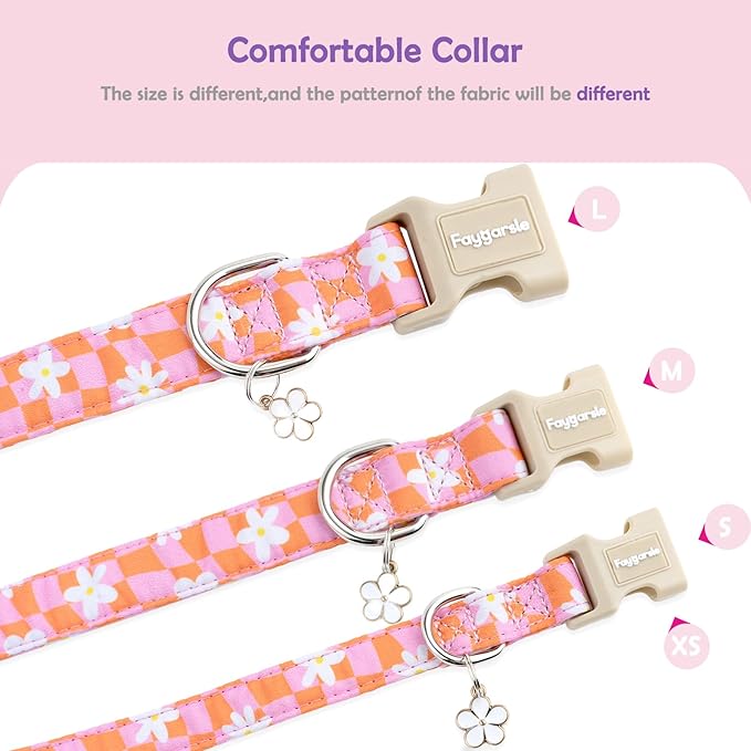 Faygarsle Floral Dog Collar, Pink and Orange Pattern with White Flowers, Spring Summer Design for Small Medium Large Dogs XS