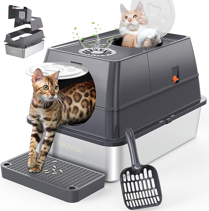 135° Flip-Top Stainless Steel Litter Box with Lid, Extra Large Enclosed Cat Litter Box, Metal Litter Pan with Front & Top Entry, Odor Control, Scoop & Filter Pedal
