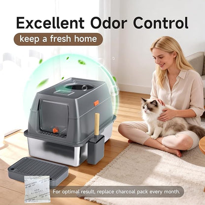 Extra Large Stainless Steel Litter Box with Lid, High Sided Enclosed Metal Cat Litter Pan, Dog Proof Front Entry Top Exit, Odor Control Easy Clean Leak Proof, Includes Mat, Scoop & Step, Grey
