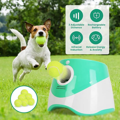 KOCASO Automatic Dog Ball Launcher with 6 Tennis Balls – 3 Adjustable Distance Settings, Interactive Fetch Machine for Small & Medium Dogs