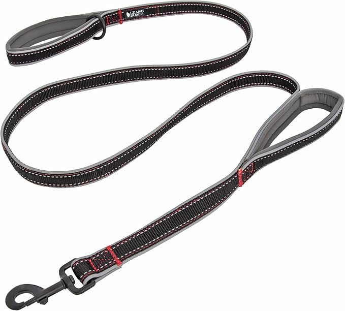 Leashboss Double Handle Dog Leash, 6 Ft Reflective Dog Leash with Two Padded Handles for Large Dogs or Medium Dogs That Pull (Black/Gray) - Dog Leash with Padded Handle - Two Handle Leash