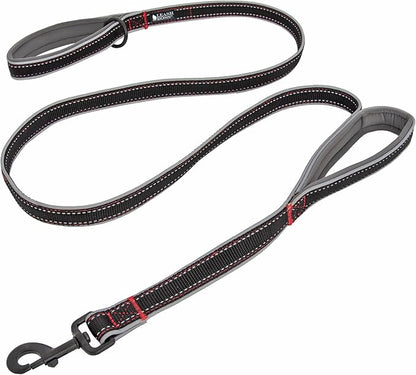 Leashboss Double Handle Dog Leash, 6 Ft Reflective Dog Leash with Two Padded Handles for Large Dogs or Medium Dogs That Pull (Black/Gray) - Dog Leash with Padded Handle - Two Handle Leash
