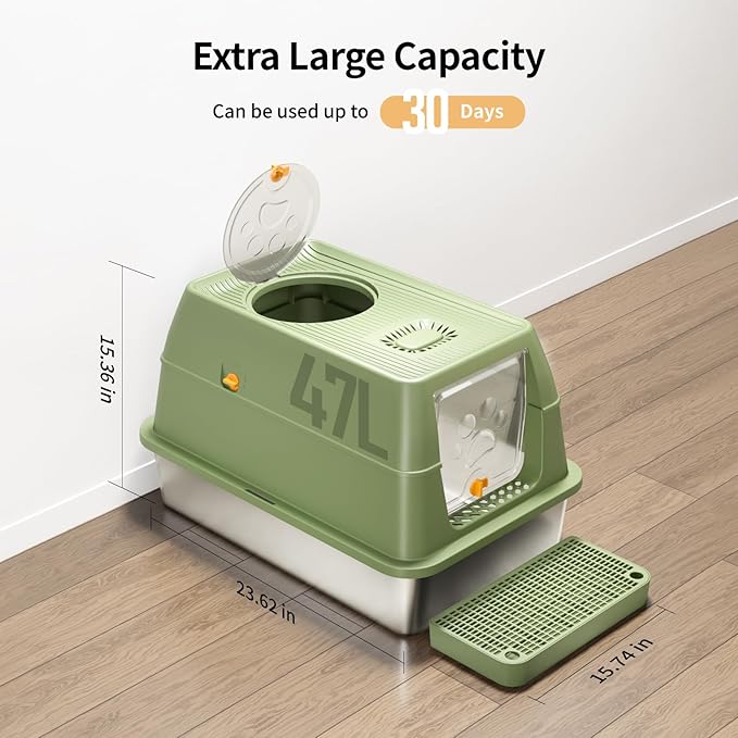 Stainless Steel Cat Litter Box with Lid, XL Large Enclosed High Sided Litter Box with Removable Lid, Carbon Filters -Odor Free, Easy Cleaning, Anti-Urine Leakage for Big Cats -Green