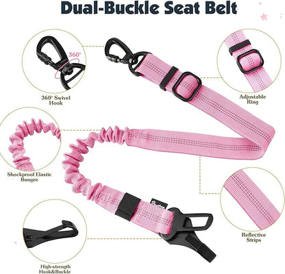 Pawaboo Dog Seat Belt Harness for Car, Dog Car Harness Seatbelt with Double Clips, Adjustable Breathable Pet Vest & Dogs Safety Tether with Elastic Bungee for Small Medium Large Pet, S, Pink + Black