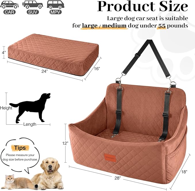 Wooaidagg Dog Car Seat for Medium & Large Dogs Up to 55lbs, Memory Foam Cushion, Washable Cover, Safety Straps & Non-Slip Base (Brown, Large)