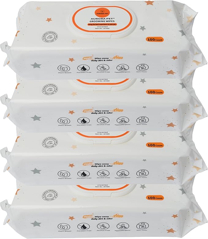 Aurora Pet Grooming Wipes – 400 Extra-Large Wipes for Dogs & Cats | Plant-Based, Hypoallergenic & All-Natural | Alcohol, Paraben & Sulfate-Free | Unscented