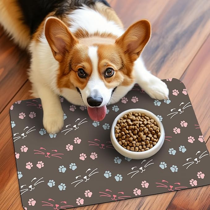Patterned Cat & Dog Bowl Mat for Food and Water, 12"×20" Quick Dry Absorbent Pet Feeding Mat, Eco-Friendly Dog Placemat