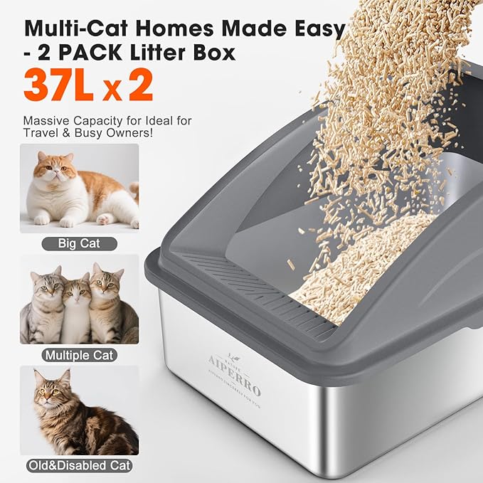 2 Pack Stainless Steel Litter Box | XL Enclosed Cat Litter Boxes with Lid for Big Cats and Multi-Cats | High Sided, Anti-Urine Leakage | Non-Stick Bottom（Dark Gray）