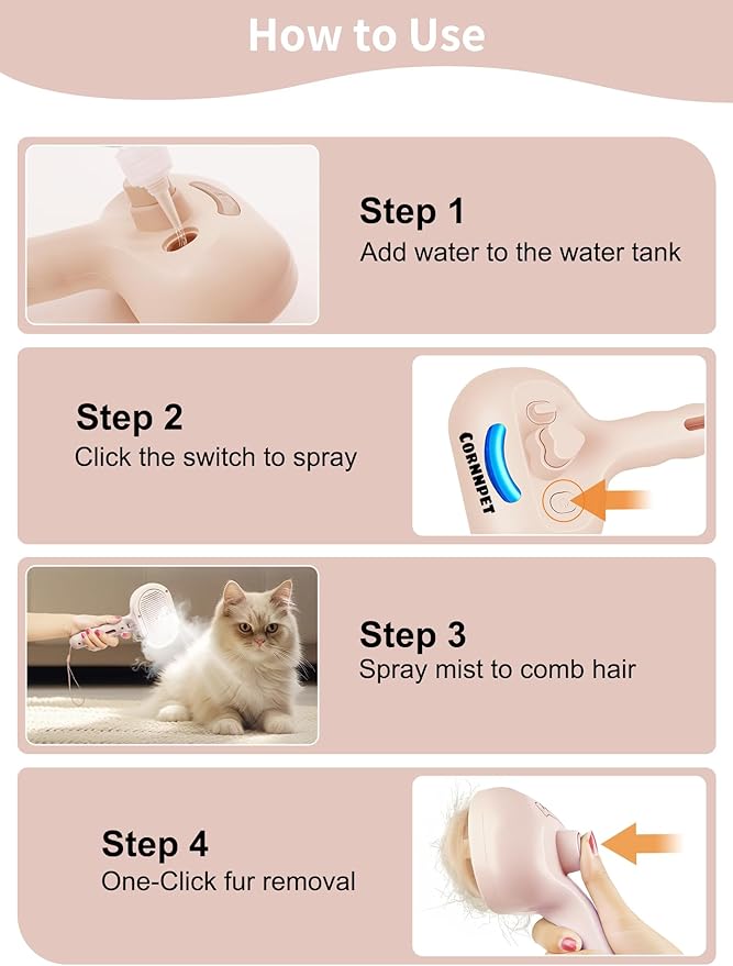 Dog Steam Brush Self Cleaning 3 in 1 Cat Steam Brush for Hair Shedding Massaging Grooming,Reducing Flying Fur & Static,Spray Comb with Storage String for Long Short Haired Furry Pets - Pink