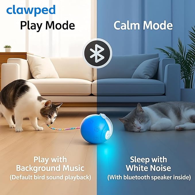 Interactive Cat Ball Toy, Automatic Self-Rolling, Motion-Activated, 3 Replaceable Teaser Wand Tails, Food-Grade TPU-Reinforced, Built-In Bluetooth Speaker with Preloaded Bird Sounds/Optional Music