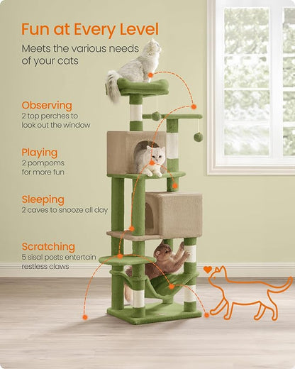 Feandrea Cat Tree, 59.5-Inch Tall Cat Tower, Plush Multi-Level Condo with 5 Scratching Posts, 2 Perches, 2 Caves, Hammock, 2 Pompoms, Grass Green and Camel Brown UPCT192C03