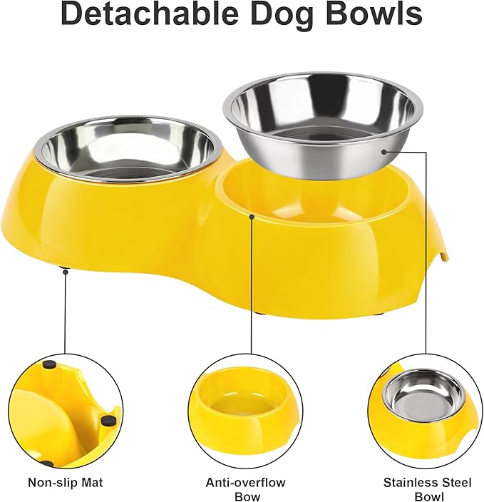 Stainless Steel Dog Bowls Set – Dual Non-Slip Pet Dishes with 2 Small (4oz*2) Bowls & Durable Resin Stand,Food & Water Feeder for Puppies, Kittens, and Small Breed Dogs – Yellow