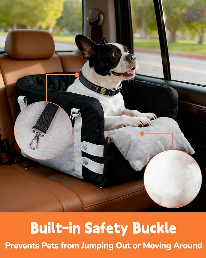 JZXOIVA Console Dog Car Seat & Travel Bed for Small/Medium Dogs, Booster Dog Car Seat with Safety Tether, Non-Slip Base, Washable Cover, Front or Back Seat Pet Carrier Bed, Black