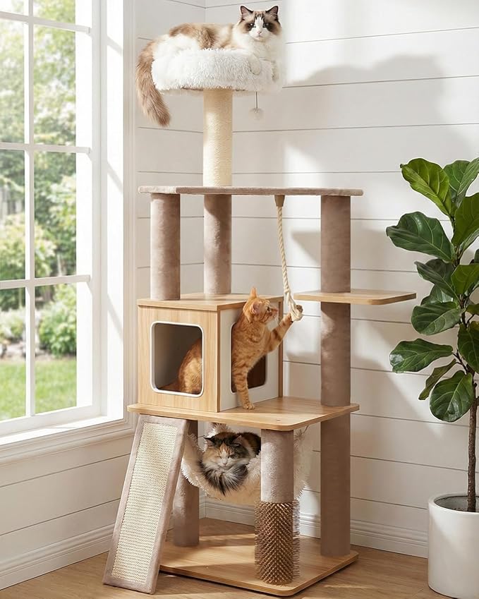 61" Modern Cat Tree Tower for Indoor Cats, Luxury Climbing Tower with Plush Lounge, Kitty Condos, Hammock & Scratching Posts, Classic cat Furniture