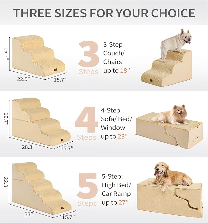 Made4Pets Dog Stairs Ramp for Small Dogs 15.7" H, 3-Step Dog Steps for Bed Couch Sofa and Chair, 35D Foam Pet Steps for Small Dogs and Cats, Non-Slip Bottom Pet Stairs, Tan
