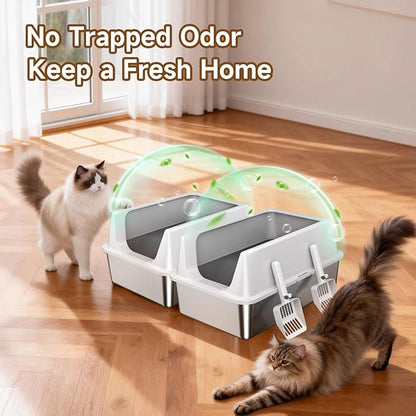 2 Pack XL Stainless Steel Litter Box with High Sides Shield for Multi Cat, Extra Large Tall Wall Open Top Deep Metal Pan for Big Cats, Anti-Leak Non-Stick Odor Control, 2 Scoops Included, Gray