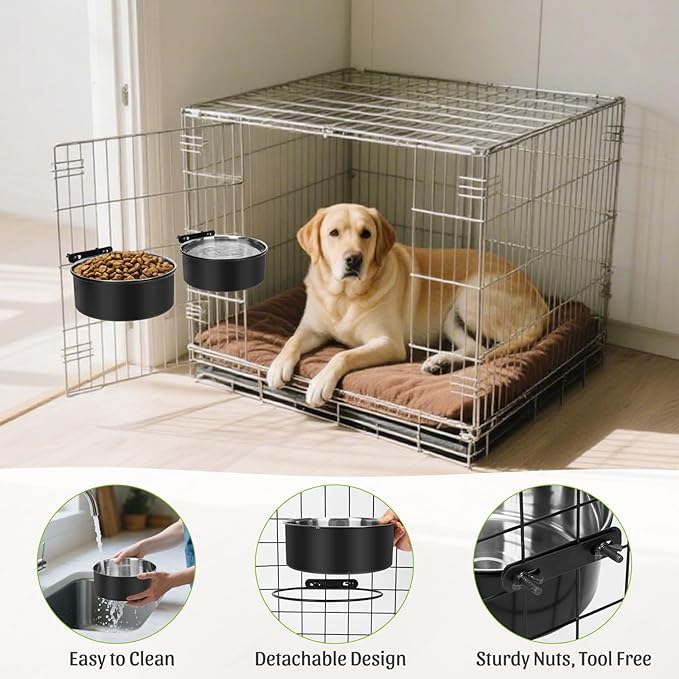 Dog Crate Bowl, Kennel Dog Bowls Mountable & Non Slip Rubber Base Food and Water Bowls, 34oz & 25oz Metal Dish for Medium and Small Pets, Cats, Dogs, Puppy, Rabbit, 2 Pack, Black