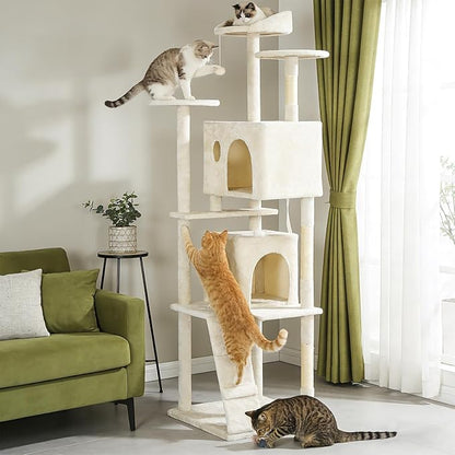 BestPet | 81" Cat Tree Tower | Cream | Sturdy, Easy to Assemble, Multi-Level Activity Center with Sisal Scratching Posts, Condos, Perches, Hanging Cat Toys, Observation Decks & Ladder