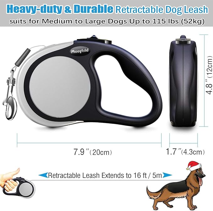 Heavy Duty Retractable Dog Leash-16ft Strong & Durable Walking Leash for S to L Dogs up to 45/115 lbs, Upgraded Lock System, Non Slip Grip, Tangle Free (Grey, Medium-Large Sized)