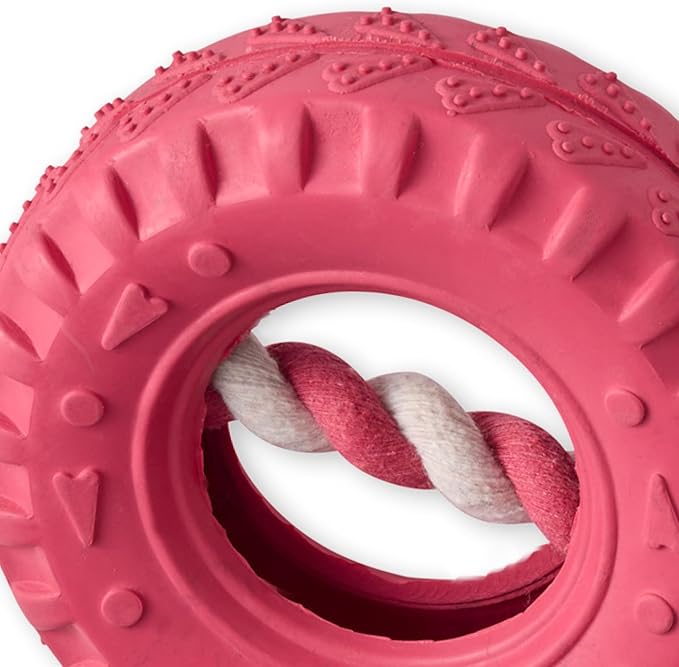 Natural Rubber Tire and Organic Cotton Rope Pull and Chew Dog Toy for All Pet Breeds, Pink, One Size