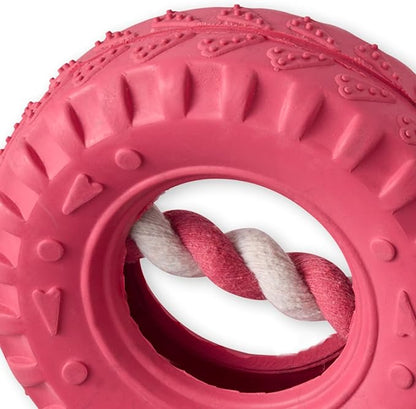 Natural Rubber Tire and Organic Cotton Rope Pull and Chew Dog Toy for All Pet Breeds, Pink, One Size