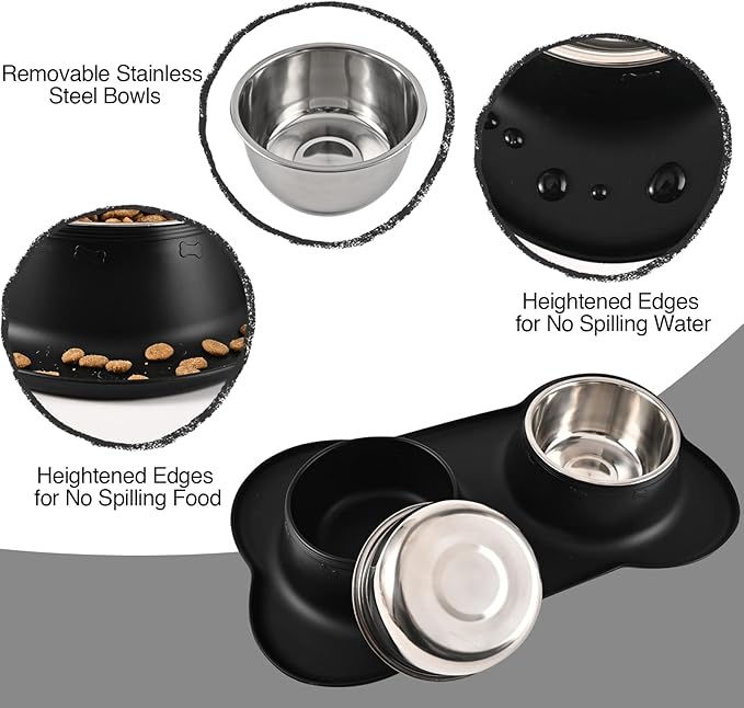 Dog Bowls 2 Stainless Steel Bowl for Pet Water and Food Feeder with Non Spill Skid Resistant Silicone Mat for Pets Puppy Small Medium Cats Dogs