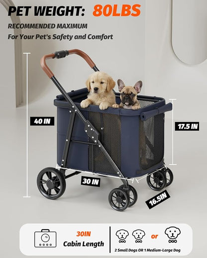 Dog Stroller for Large & Medium Dogs, Pet Stroller for 2 Small Dogs Up to 80 Lbs, Extra Large Heavy Duty, Folding & Breathable, All-Terrain Wheels, Navy Blue