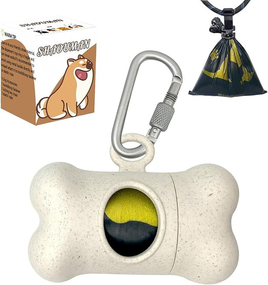 Bone-Shaped Dog Poop Bag Holder for Leash |Dispenser with 15 Leak-Resistant Waste Bags & Carabiner Clip(Wheat)