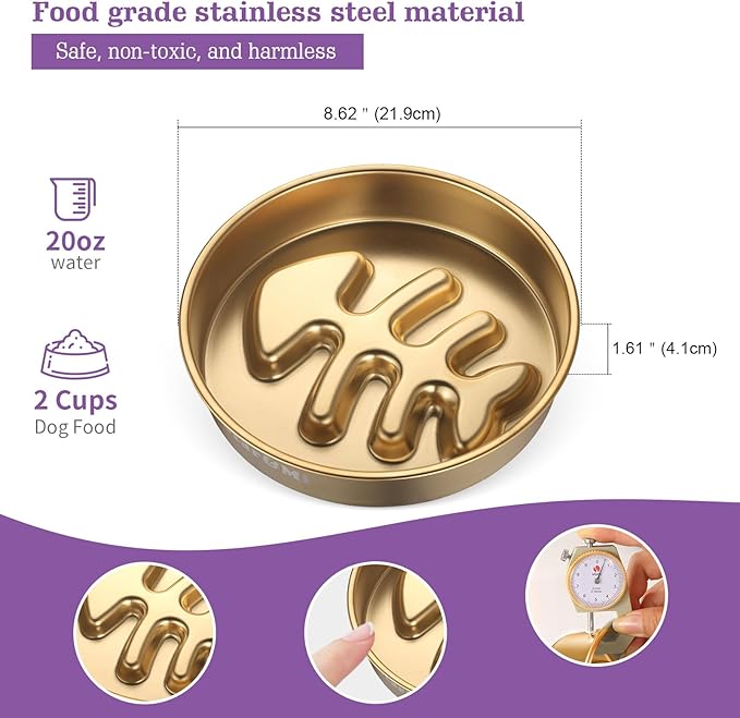Golden Stainless Steel Slow Feeder Dog Bowls – Non-Slip Metal Dog Bowl for Large & Medium Breeds, Puppy Puzzle Feeder – 2 Cup Capacity for Small to Big Pets – Durable Slow Feed (Fishbone-Golden)