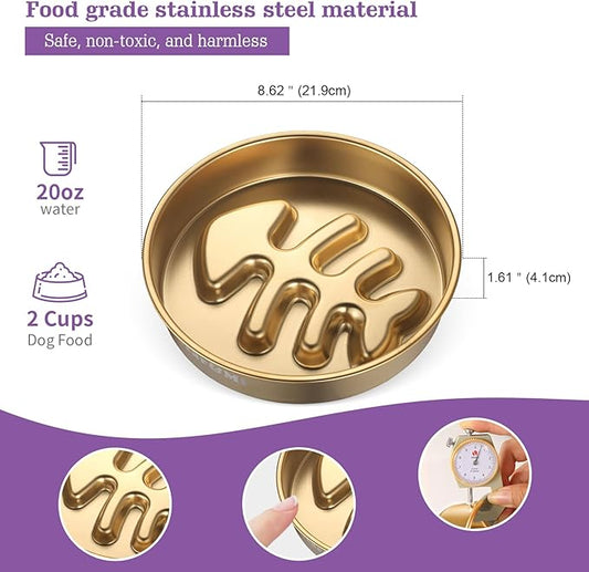 Golden Stainless Steel Slow Feeder Dog Bowls – Non-Slip Metal Dog Bowl for Large & Medium Breeds, Puppy Puzzle Feeder – 2 Cup Capacity for Small to Big Pets – Durable Slow Feed (Fishbone-Golden)