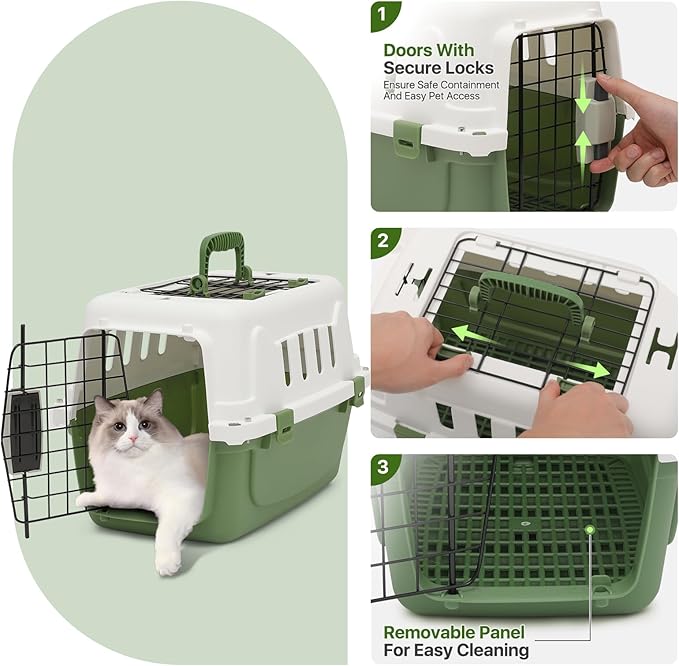 18 Inch Hard-Sided Plastic Dog Carrier 2 Door Travel Crate for Small Dogs Cats up to 10 lbs, Durable Handle, Security Lock Design, Green