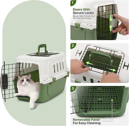 18 Inch Hard-Sided Plastic Dog Carrier 2 Door Travel Crate for Small Dogs Cats up to 10 lbs, Durable Handle, Security Lock Design, Green